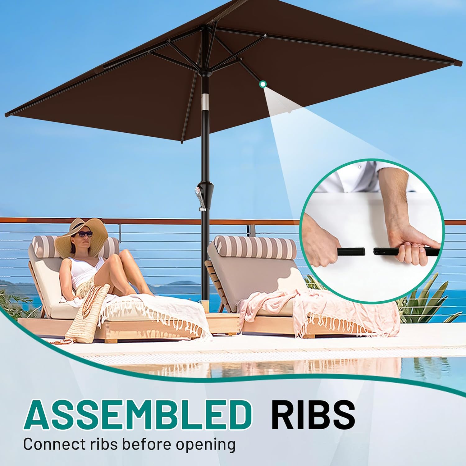 AreShark 6.5' x 10' Rectangular Patio Umbrellas for Outdoor, Outdoor Table Umbrella, Large Outdoor Patio Umbrellas with 6 Sturdy Ribs for Pool, Garden, Deck & Market (Brown)