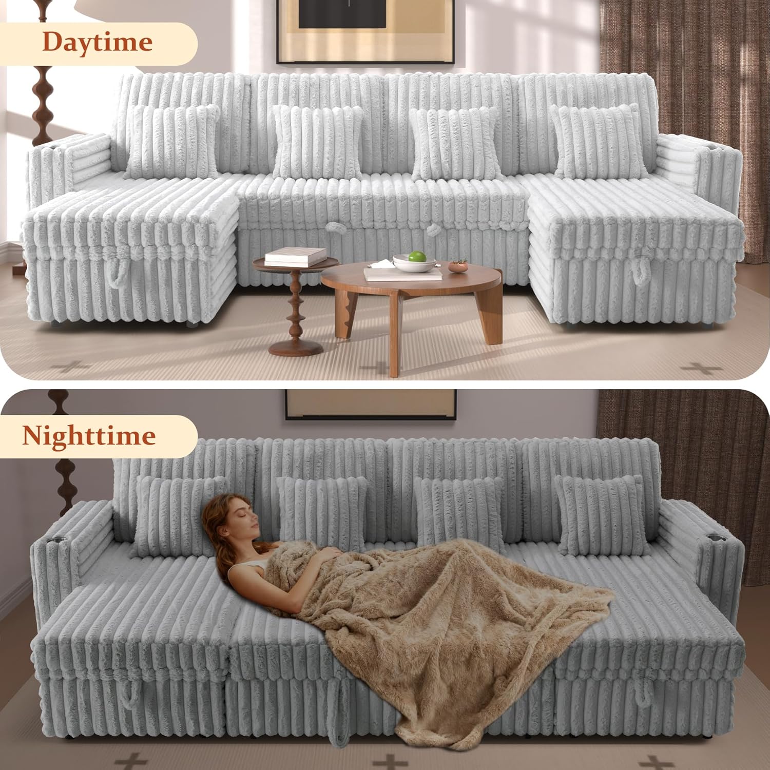 124" Sectional Sleeper Sofa with Pull Out Bed, Comfy Fluffy Plush Corduroy Cloud Sectional Couches for Living Room, U Shaped Modular Couch with Storage Chaise, Cup Holder & USB Charger, Grey