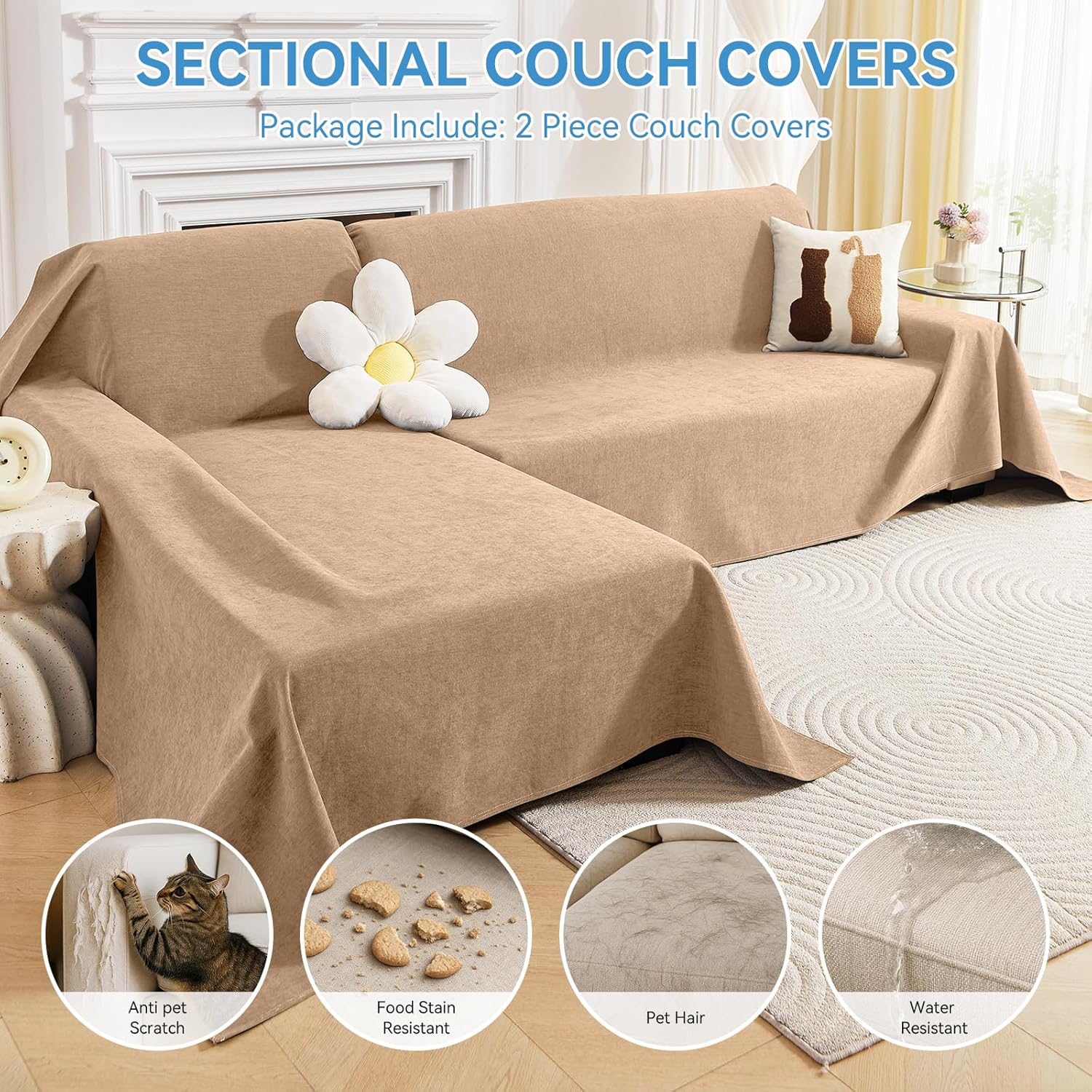 Deep Dream Sectional Couch Covers, 2 Pieces 100% Waterproof L Shaped Sofa Cover, Non Slip Couch Cover for Dogs Cats Washable, Pet Friendly Sofa Slipcovers Furniture Protector (XX-Large, Brown)