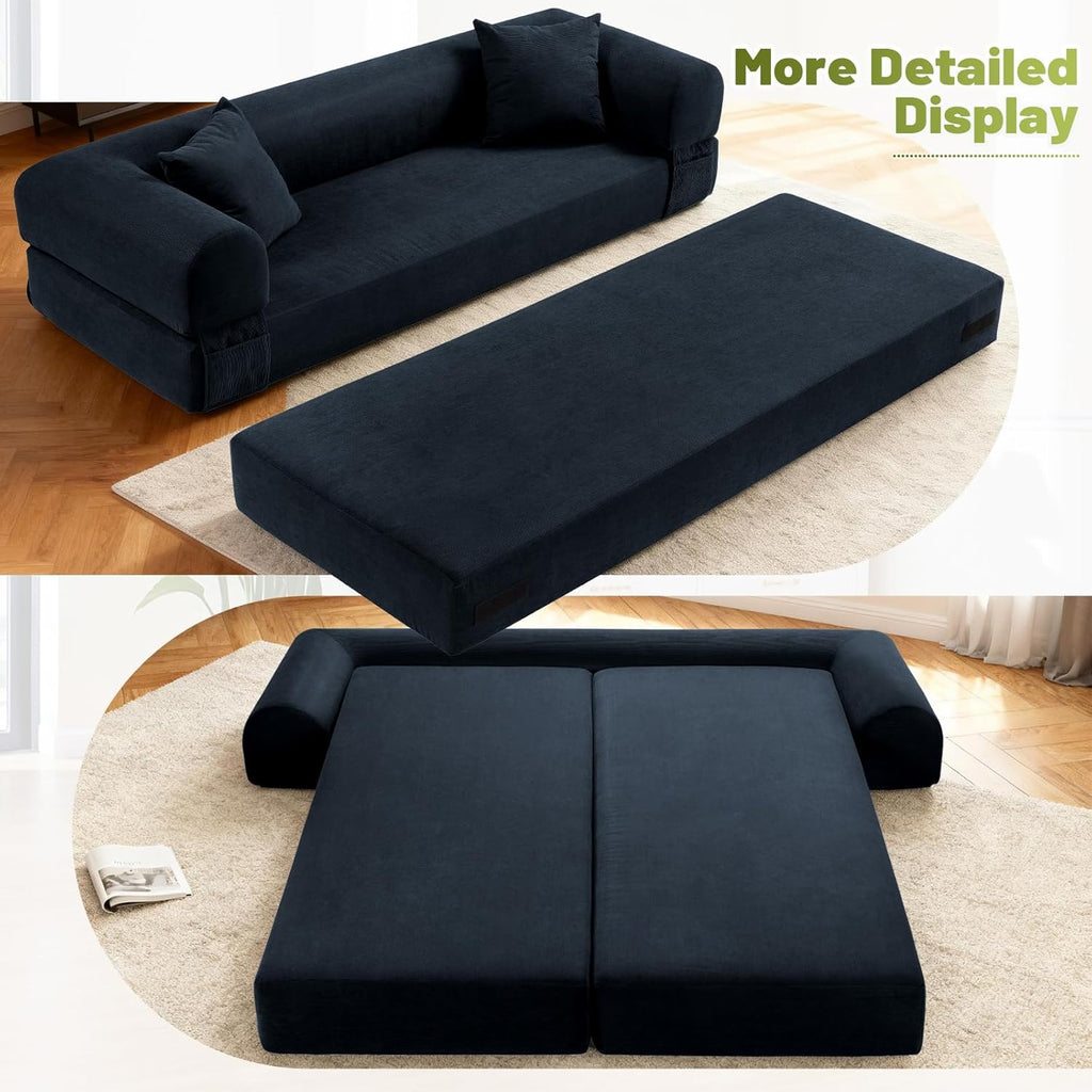 Convertible Futon Sofa Bed,80" Folding Pull Out Couch Bed with Storage,Queen Sleeper Sofa Bed,Compressed Couch in a Box,Corduroy Boneless Couches for Living Room,Deep Blue