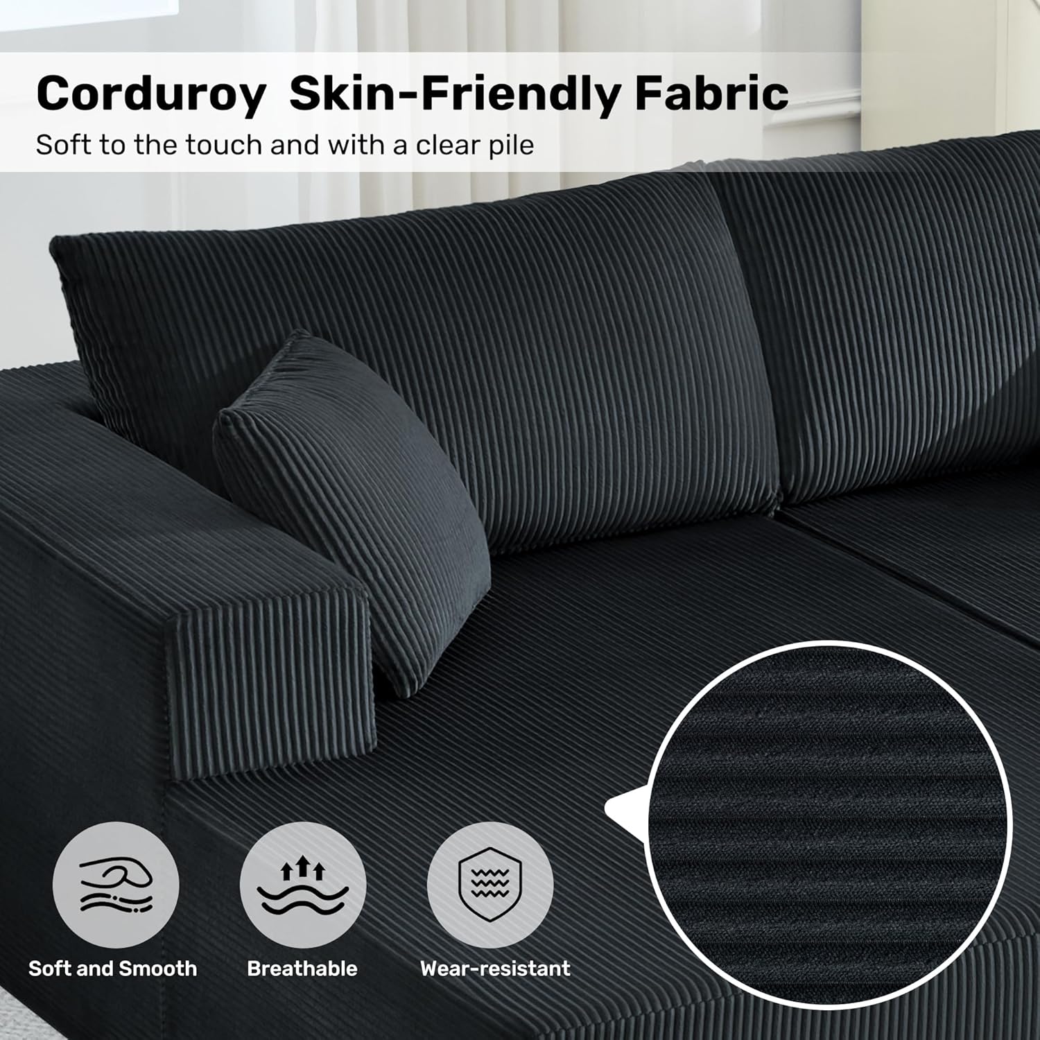 Modular Sectional Sofa,114" U-Shaped Boneless Sofa for Living Room,Oversized 3-Seater Deep Seat Cloud Couches,Corduroy Upholstered Corner Sofa Couch,No Assembly Required,Black