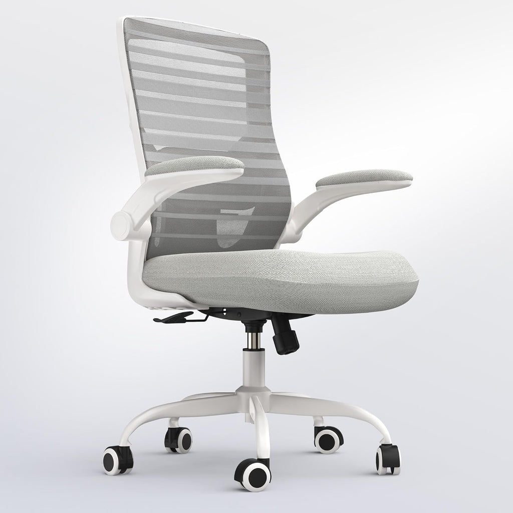 Office Chair for Long Hours & Back Pain Relief – 4" Thick Molded Foam Cushion, Padded Lumbar Support and Flip-up Armrests, Ideal for Office or Study, Light Gray