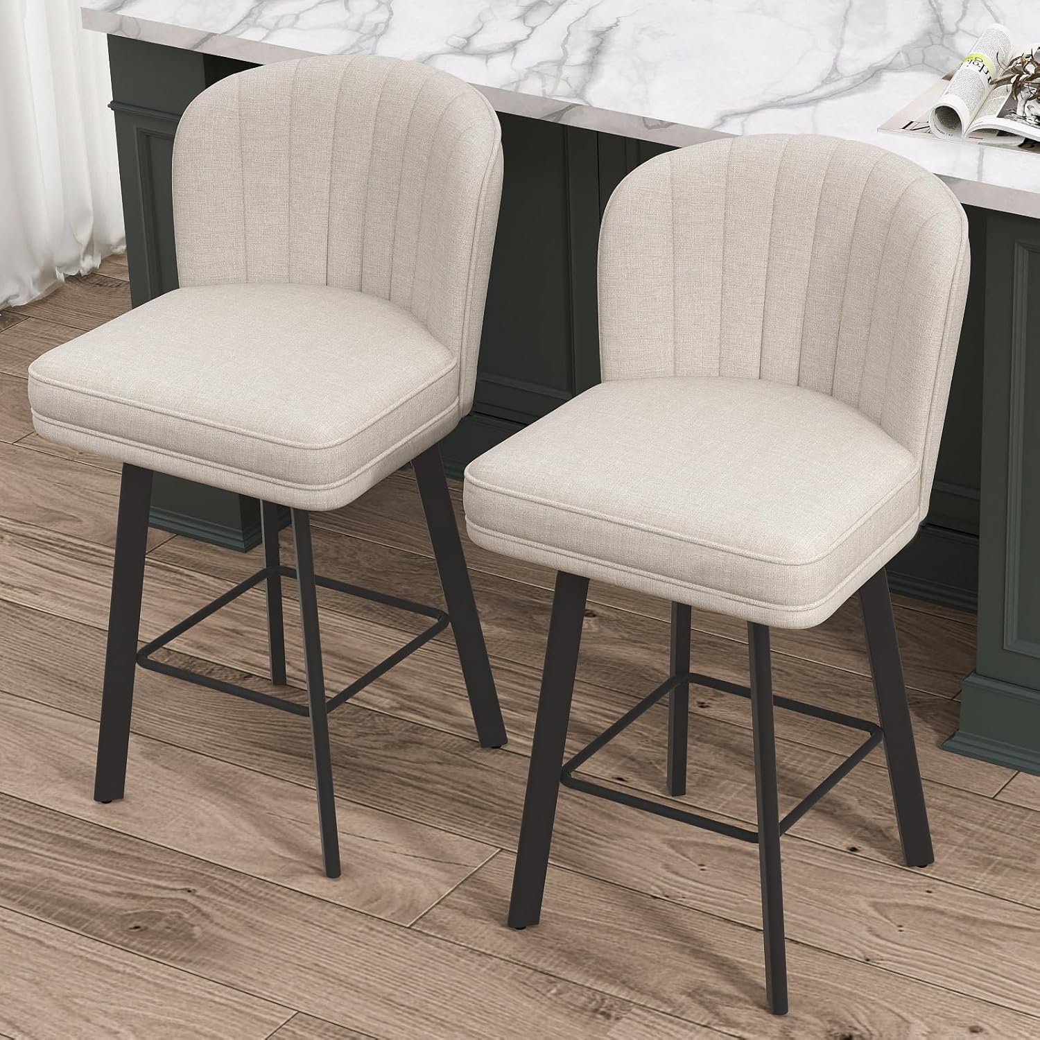 Swivel Counter Height Bar Stools Set of 4, 26'' Modern Barstools with Backs and Metal Legs, Upholstered Bar Chairs, Beige, Fabric Stools for Kitchen Island Chairs