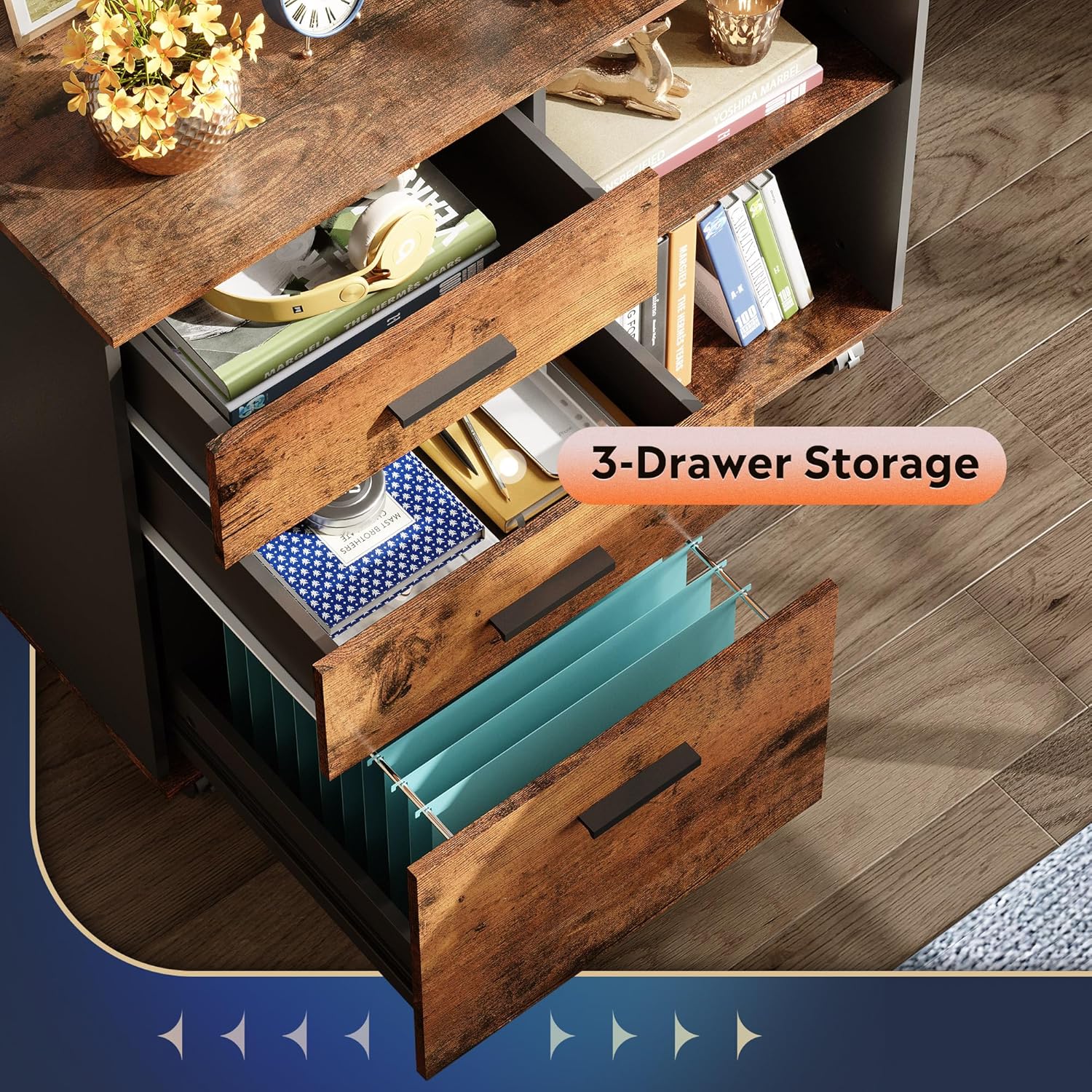 DEVAISE 3 Drawer Mobile File Cabinet, Wood Lateral Filing Cabinet, Printer Stand with Open Shelves for Home Office, Rustic Brown