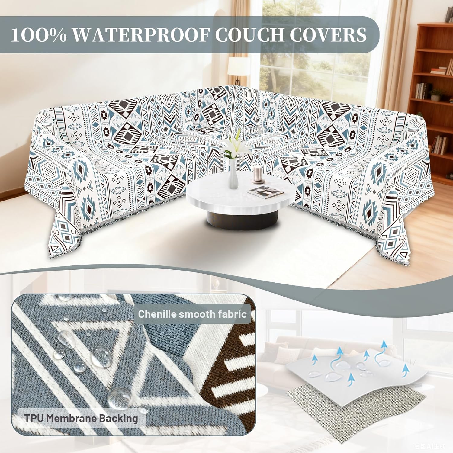 1OO% Waterproof Sectional Couch Covers for Dogs L Shaped Corner Sofa Cover Washable Chenille Sofa Slipcovers Blanket Modern Jacquard Pet Furniture Protector (91"x252", Boho Blue Brown)