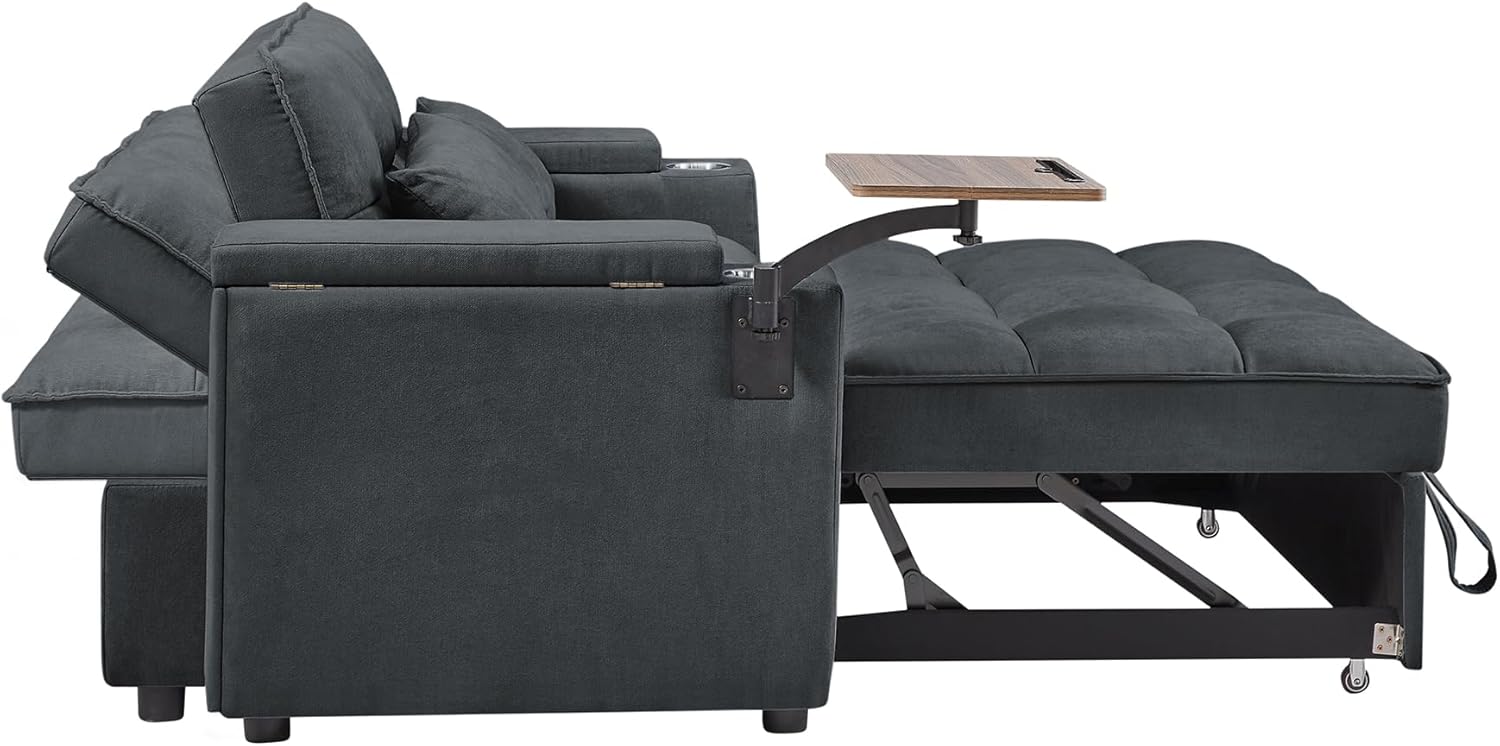 65'' 3-in-1 Folding Convertible Sofa Bed, Pullout Sofa, Modern Chenille Fabric, 360° Swivel Side Table, Easy Assembly, Perfect for Living Room, Grey