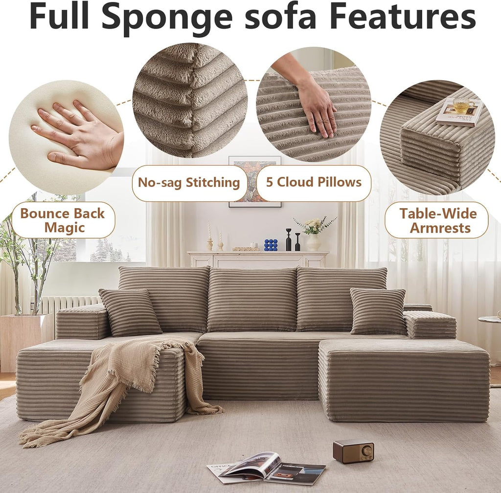 107" Modular Sectional Sofa with Ottoman, Modern Corduroy Cloud Couch with Deep Seat, Boneless Couch Upholstered 3-Seater U-Shaped Sofa for Living Room, No Assembly (Camel, Left-Facing Chaise)