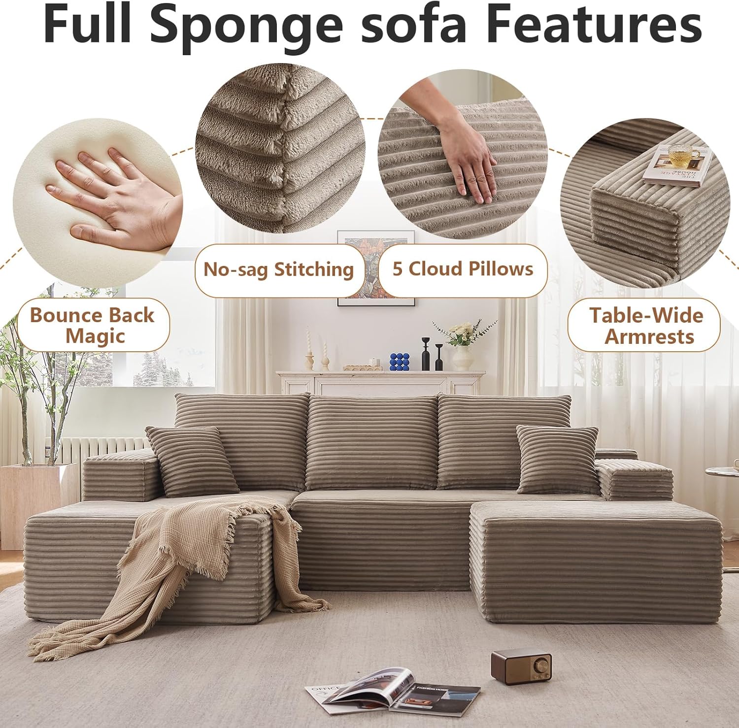 107" Modular Sectional Sofa with Ottoman, Modern Corduroy Cloud Couch with Deep Seat, Boneless Couch Upholstered 3-Seater U-Shaped Sofa for Living Room, No Assembly (Camel, Left-Facing Chaise)