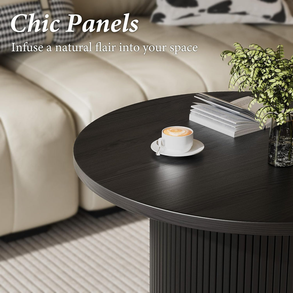 MAISONARIA Black Round Coffee Table with Metal Frame, 35" Coffee Tables for Living Room, Circle Wood Accent Center Table for Apartment
