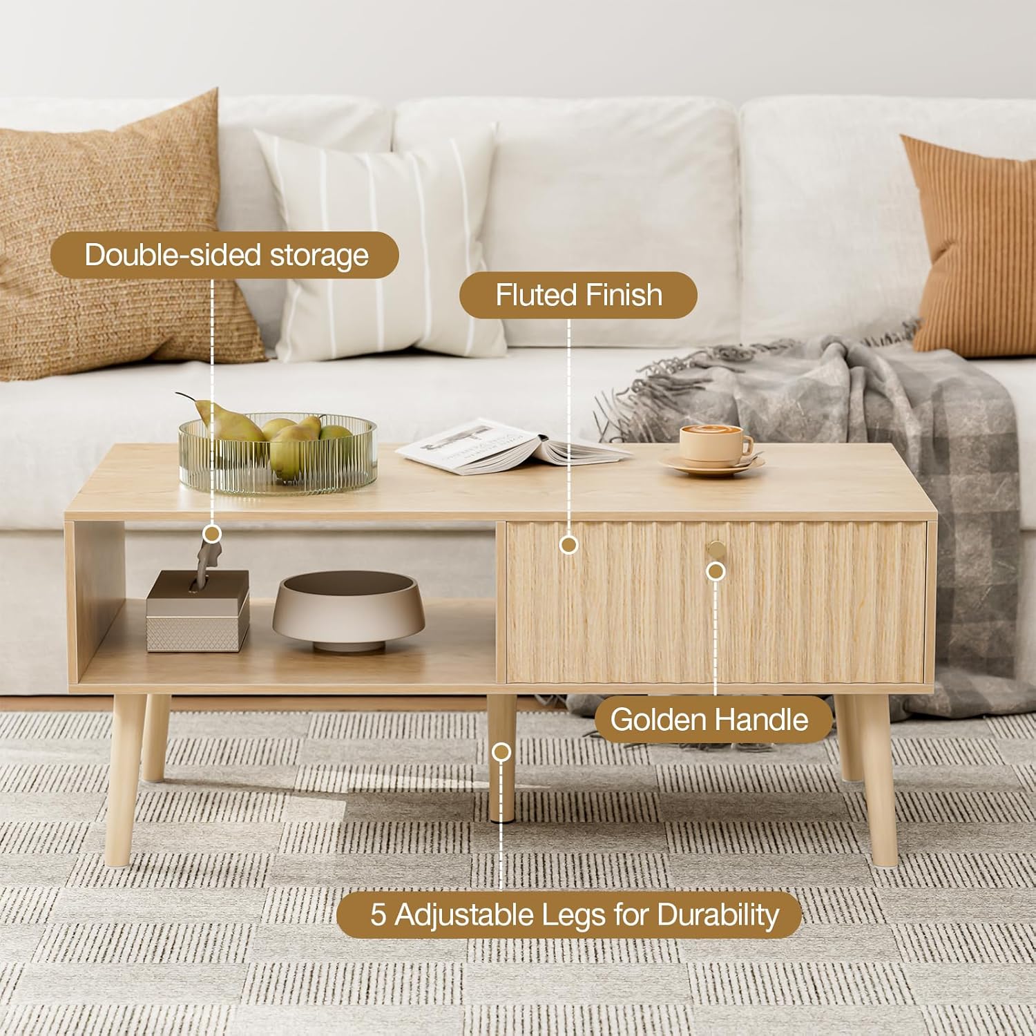 LCRBOL Coffee Table with Storage, Boho Dining Table with Fluted Drawer and Solid Wood Legs, Small Coffee Tables for Living Room, Oak