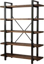 5-Tier Industrial Style Solid Wood Bookcase and Book Shelves,Rustic Wood and Metal Shelving Unit . Living Room,Modern Rustic Open Industrial Book Shelf Office,Distressed Brown (AY-02-5Tier)