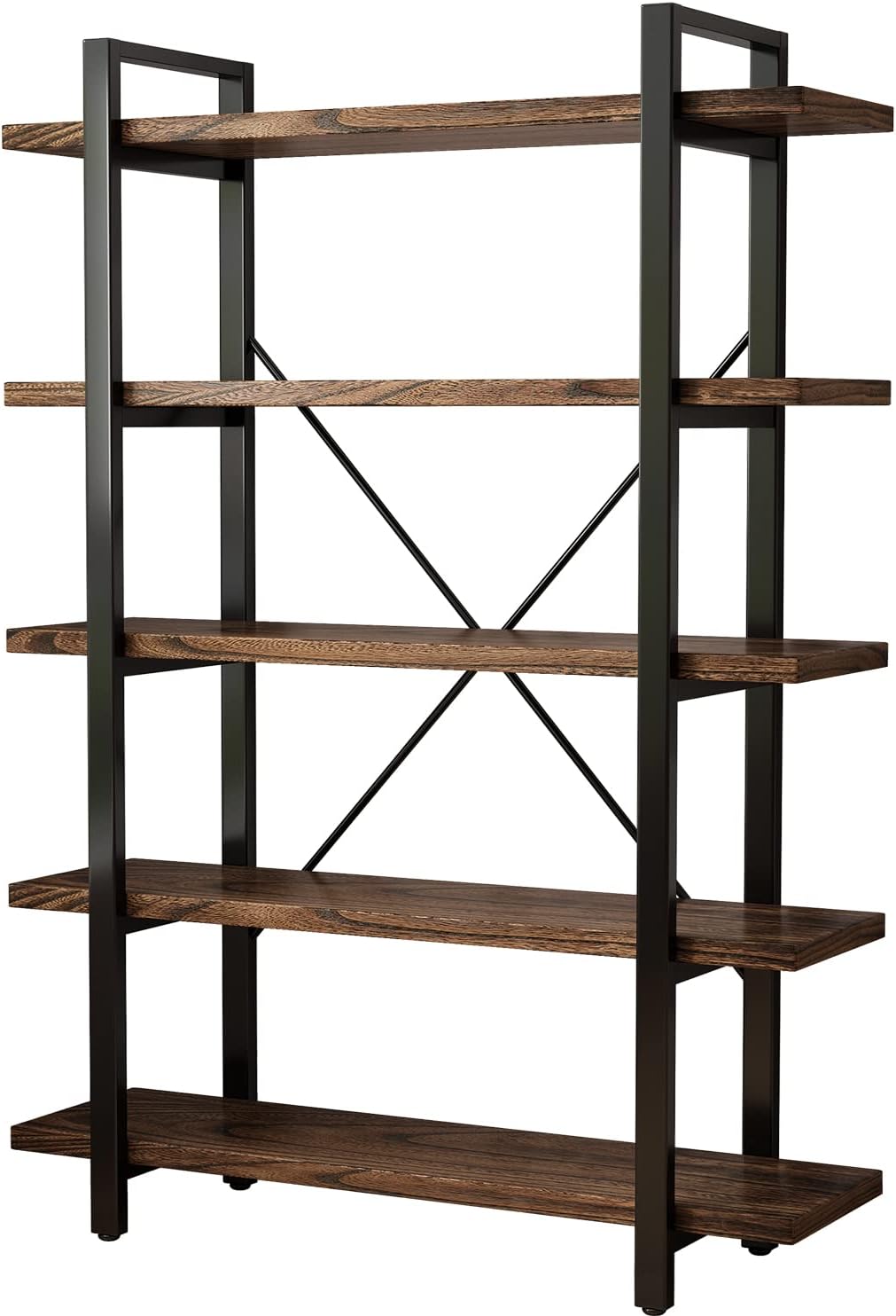 5-Tier Industrial Style Solid Wood Bookcase and Book Shelves,Rustic Wood and Metal Shelving Unit . Living Room,Modern Rustic Open Industrial Book Shelf Office,Distressed Brown (AY-02-5Tier)