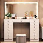 15 Drawers Vanity Desk, Large Makeup Vanity with Power Outlet, Vanity Table with Mirror and Light, 3 Color Lighting Modes, Tempered Glass Top, Dressing Table for Bedroom (White)