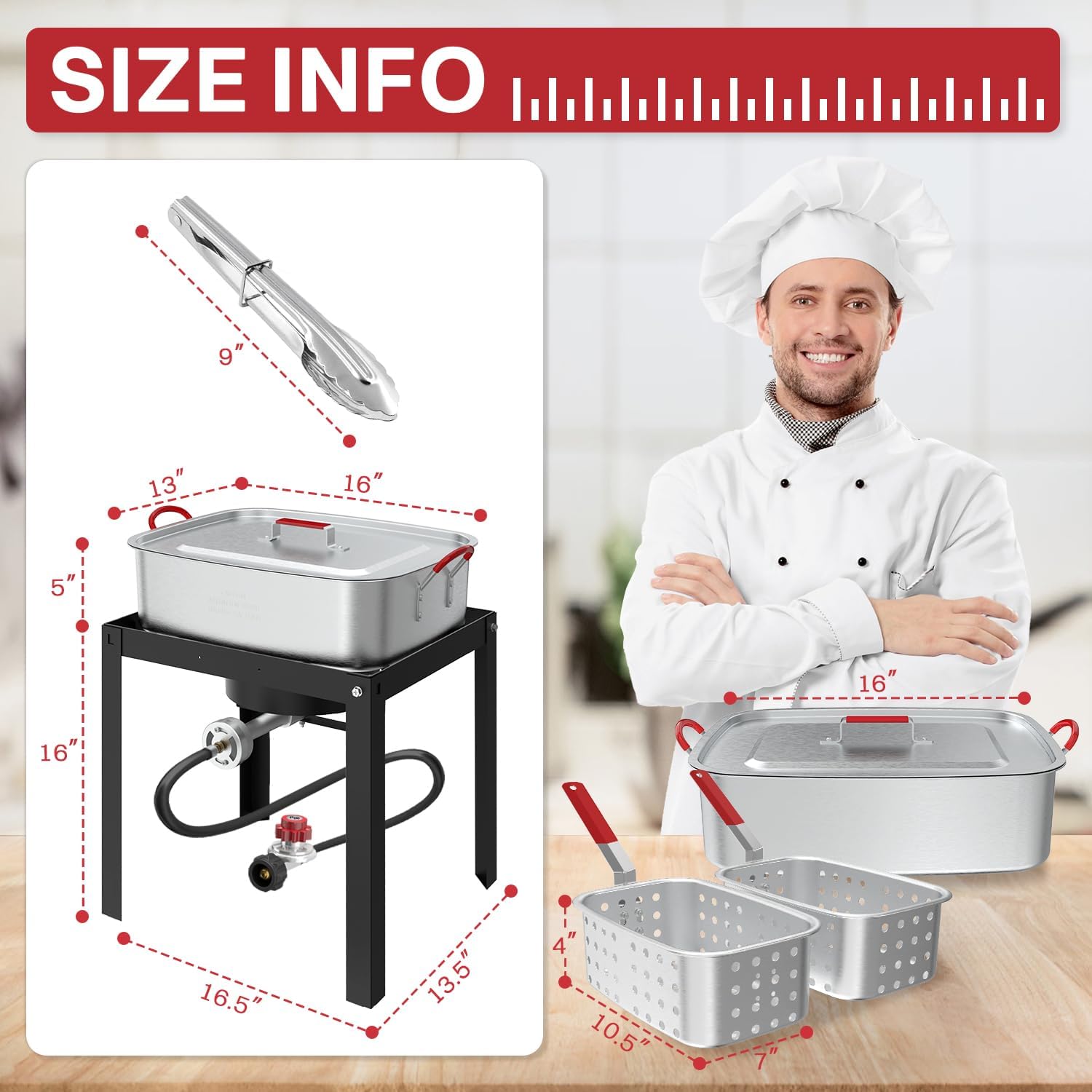 18QT Outdoor Propane Fish Fryer | 50,000 BTU Propane Deep Fryer | Includes 2 Baskets | Lid | Cover | 9" Fryer Tong & 6" Thermometer | Perfect for Cooking Fish, Chicken Wings, and Fries