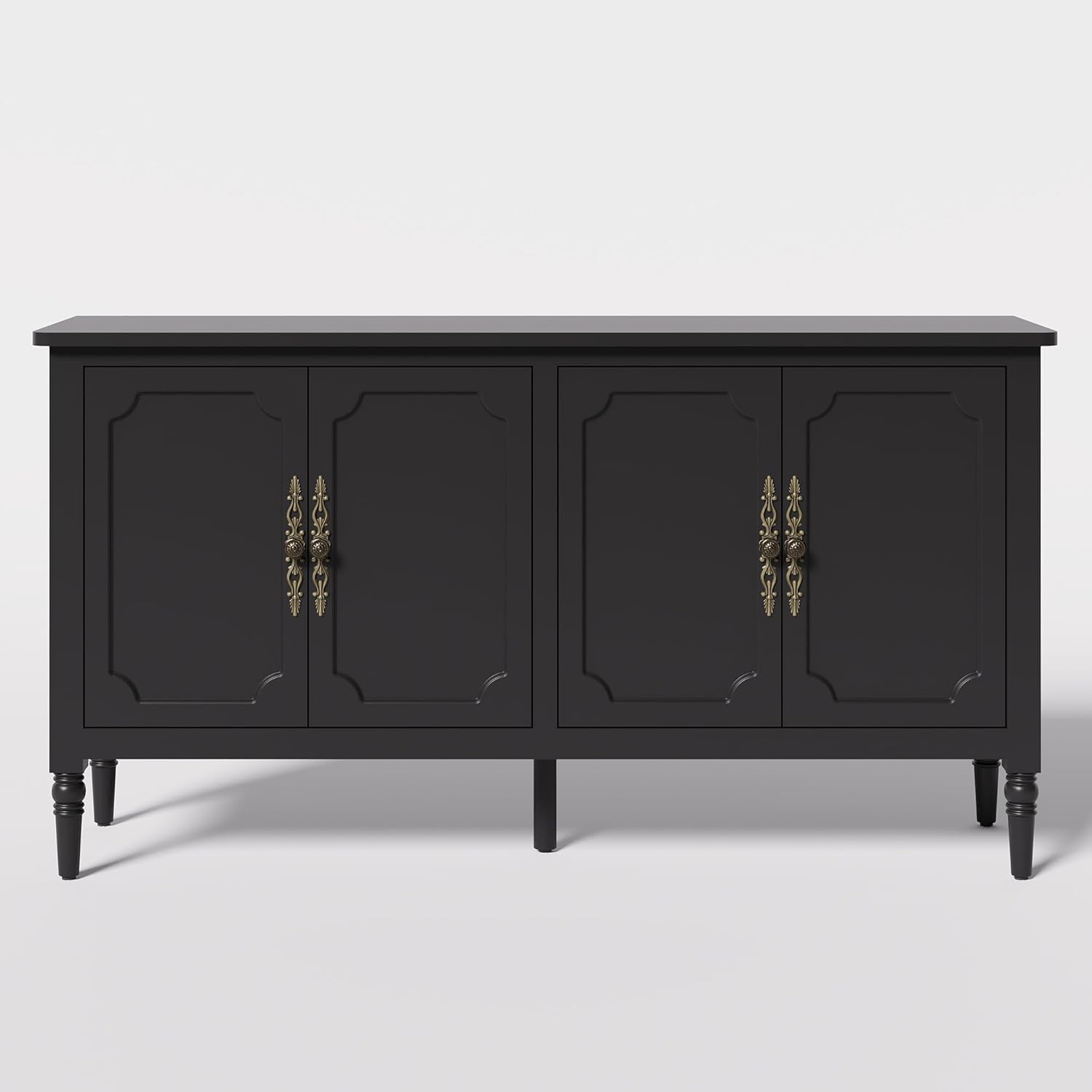 Console Table, 58'' Mid Century Modern Pantry Cabinet, Wood Buffet Sideboard, Media Credenza with 4 Doors, Accent Storage for Entryway, Living Room, Bedroom, Dining Room (Black)