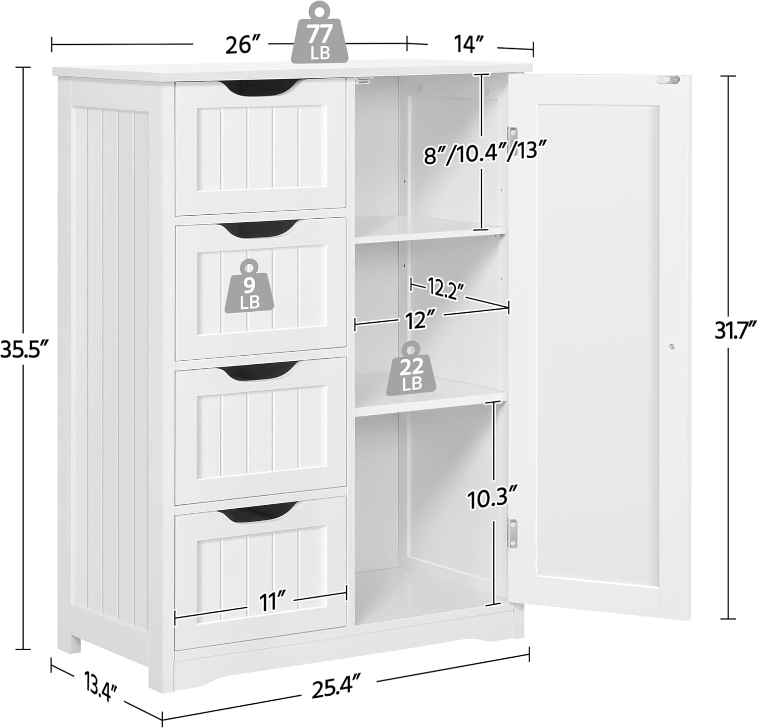 Yaheetech Large Bathroom Floor Cabinet with 4 Dawers and Single Door Cabinet, Freestanding Storage Cabinet for Living Room Kitchen Hallway, White