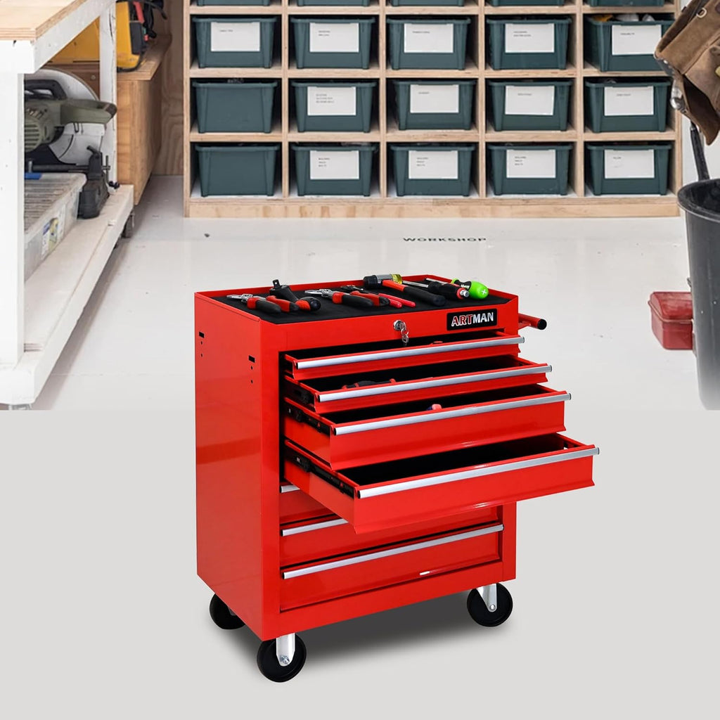 7 Drawers Rolling Tool Cart on Wheels, Multifunctional Organizer Tool Chest Tool Case, Trolley Tool Storage Tool Box for Workshop,Garage,Repair Shop (7 Drawers 24.2" W×12.9" D×29.9" H-Red)