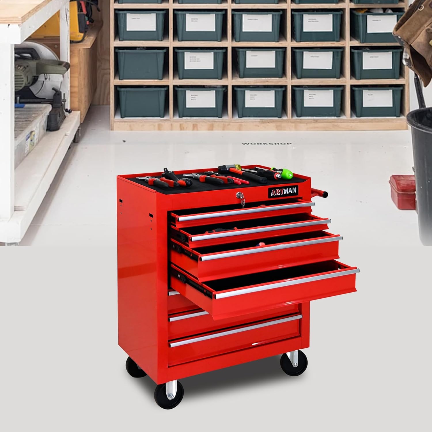 7 Drawers Rolling Tool Cart on Wheels, Multifunctional Organizer Tool Chest Tool Case, Trolley Tool Storage Tool Box for Workshop,Garage,Repair Shop (7 Drawers 24.2" W×12.9" D×29.9" H-Red)