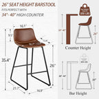 HeuGah Counter Height Bar Stools Set of 3, Brown Barstools with Back Support 26 Inch Faux Leather Bar Stools for Kitchen Island Counter Height Bar Chairs with Metal Legs