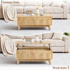 BERRYMERRY Lift Top Coffee Table with Hidden Storage, Farmhouse Fluted Coffee Table with Wave Profile, Rising Top Rectangular Center Table for Living Room (Natural Oak)