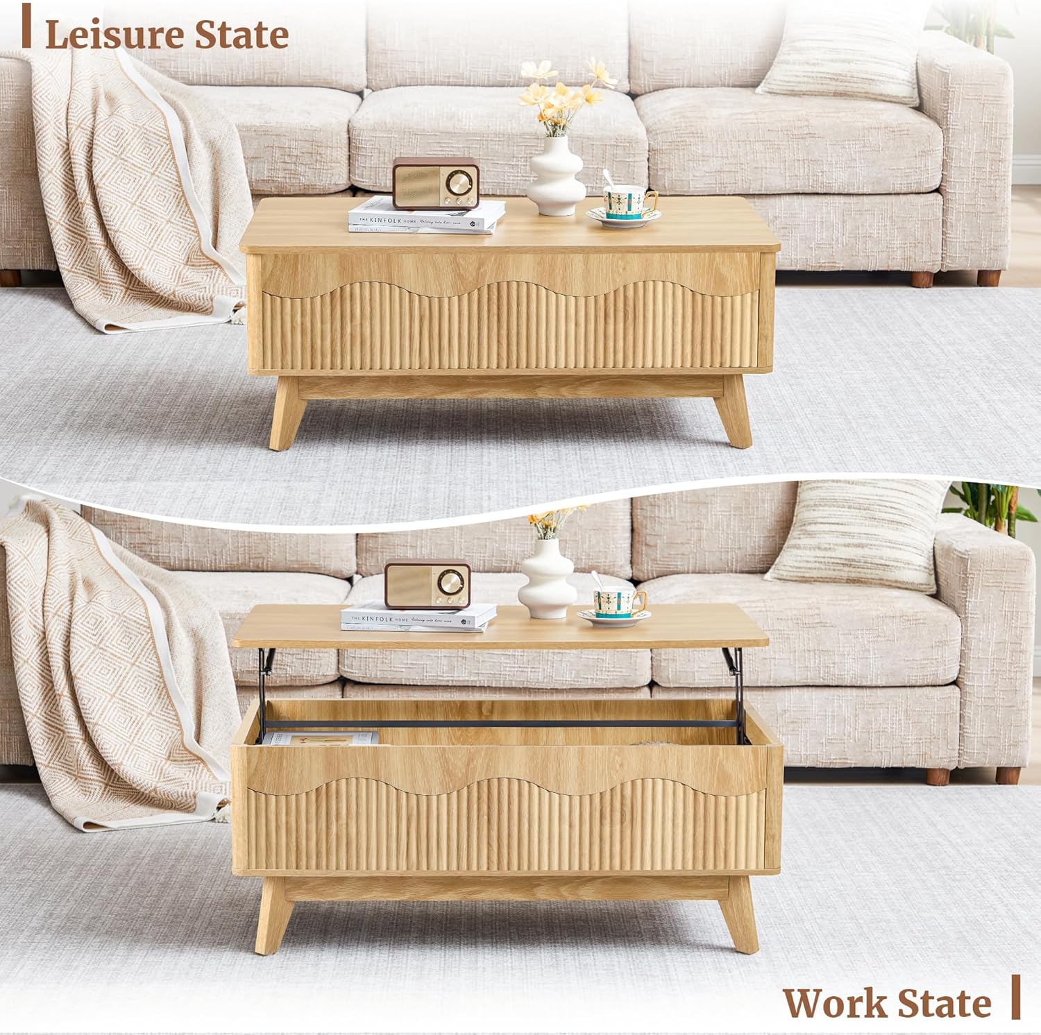 BERRYMERRY Lift Top Coffee Table with Hidden Storage, Farmhouse Fluted Coffee Table with Wave Profile, Rising Top Rectangular Center Table for Living Room (Natural Oak)