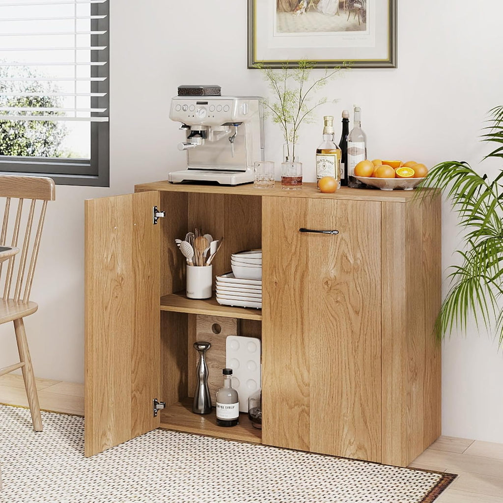 Giantex Modern Storage Cabinet, 38" Credenza with 2 Doors and 4 Cubic Shelves, Anti-Tipping Device, Sturdy Metal Hings, Wooden Sideboard Cabinet for Living Room, Kitchen, Entryway, Natural