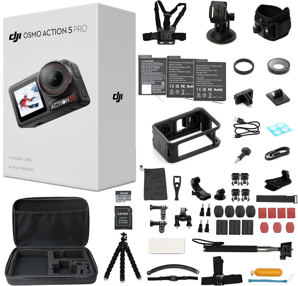 DJI Osmo Action 5 Pro Standard Combo with 58 Piece Accessory Kit and 2 Extra Batteries + 64GB Card - Waterproof Action Camera with 1/1.3" Sensor  4K/120fps Video  Action Camera 4K Ideal for Sports