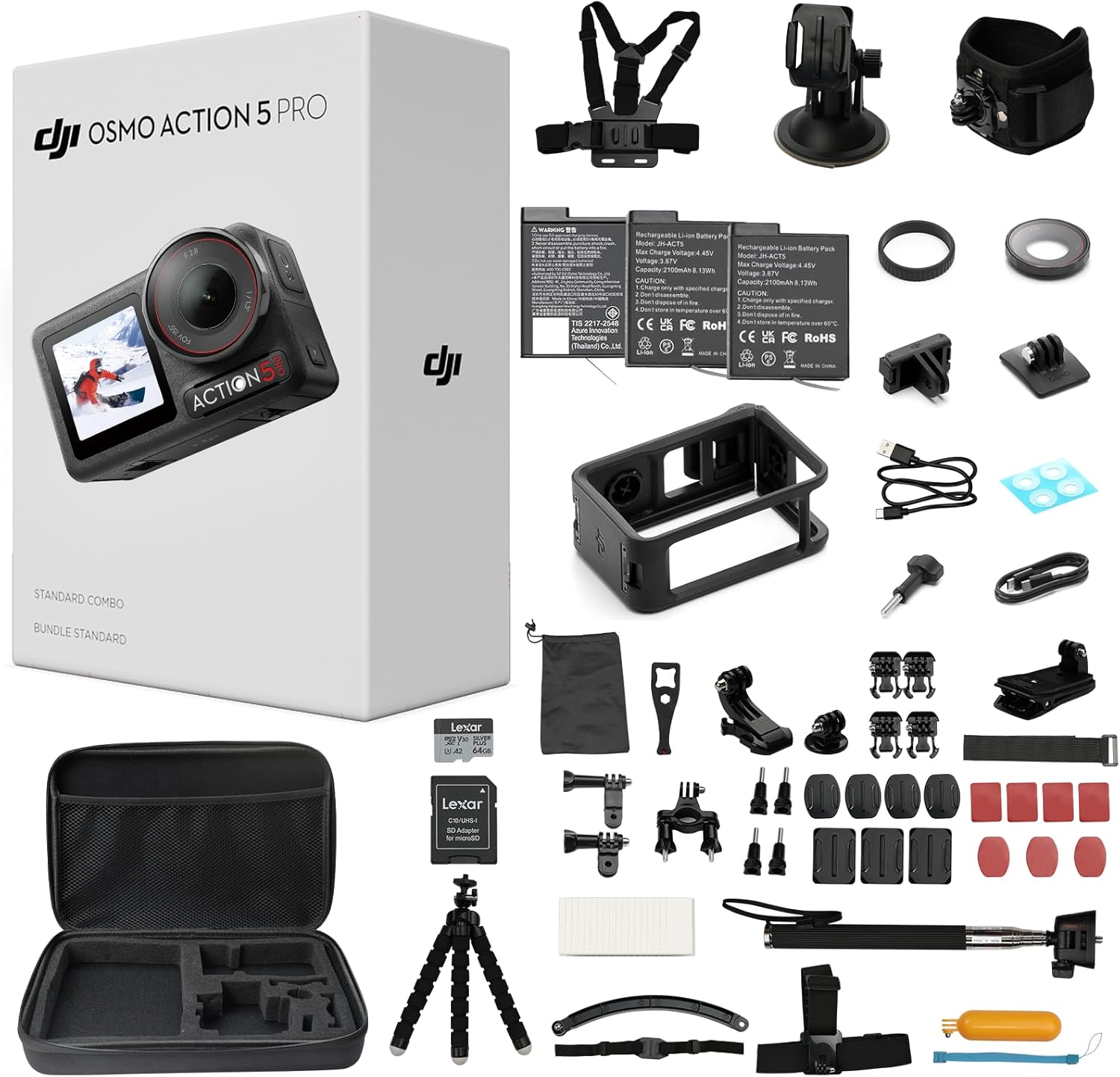 DJI Osmo Action 5 Pro Standard Combo with 58 Piece Accessory Kit and 2 Extra Batteries + 64GB Card - Waterproof Action Camera with 1/1.3" Sensor  4K/120fps Video  Action Camera 4K Ideal for Sports