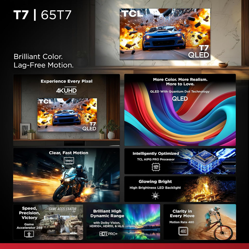 TCL 65 Inch Class T7 Series | 4K QLED HDR | 65T7  2025 Model | 120HZ-144HZ High Brightness Smart Google TV Dolby Atmos Audio | Voice Remote Alexa Gaming Streaming Television