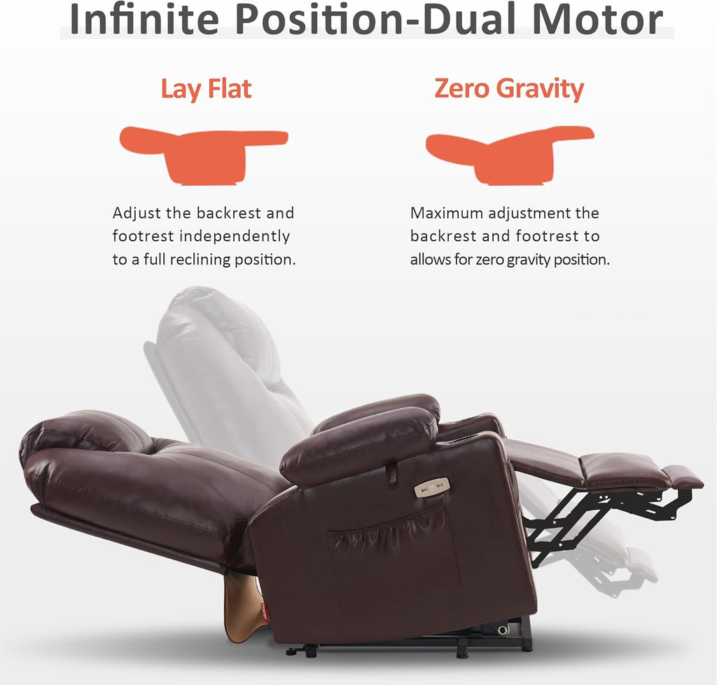 MCombo Dual Motor Large Power Lift Recliner Chair for Elderly, Lay Flat Lift Chair with Heat and Massage, Big Lift Recliner for Tall People, Faux Leather 7815 (Dark Brown)