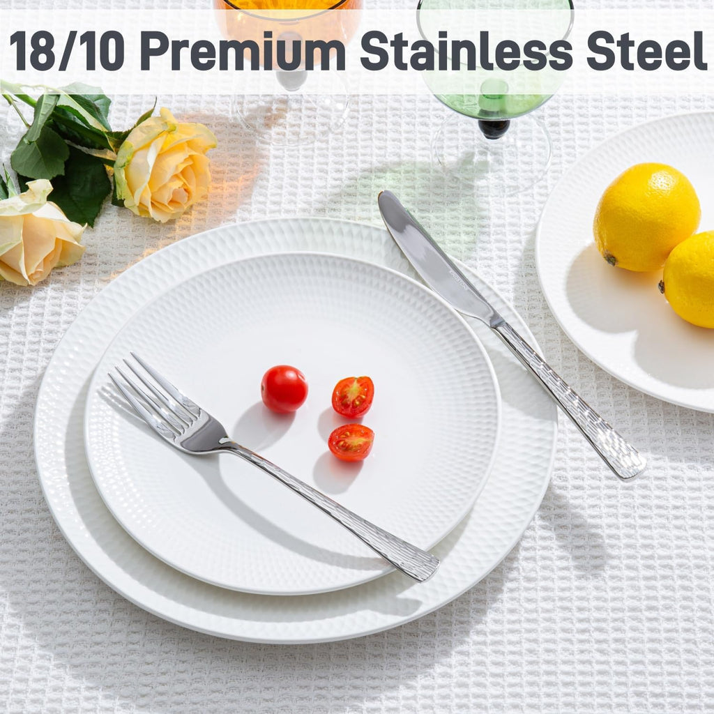 KINGSTONE 24-Piece Bone China Dinnerware Set with 40-Piece flatware, White Lightweight Porcelain Service for 8, for Family Dining, Restaurants, Gifting，Microwave and Dishwasher Safe