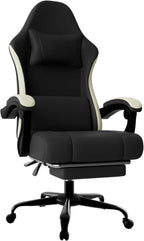 Gaming Chair, High Back Fabric Computer Chair with Pocketed Spring Cushion and Footrest, Height Adjustable Game Chair with Headrest and Lumbar Support (Beige & Black)