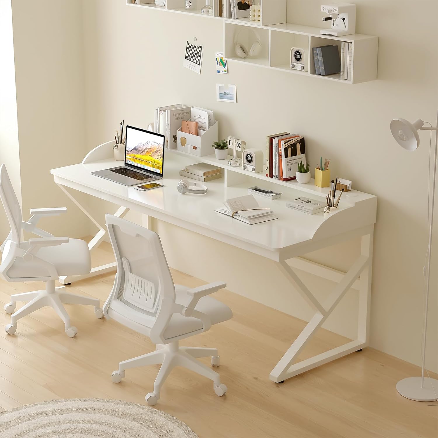 Long Desk with Monitor Stand - 63" Double Long Computer Table for 2-Person Workstation, Large Writing Study Work Desk for Home and Office, White