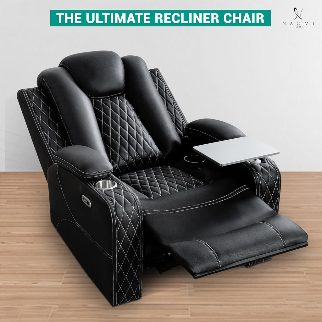 Chicago Home Theater Recliner Chair – Bluetooth Speakers, Wireless Charging, Power Recline, Adjustable Headrest, LED Lighting, Cup Holders & Premium Faux Leather for Ultimate Comfort