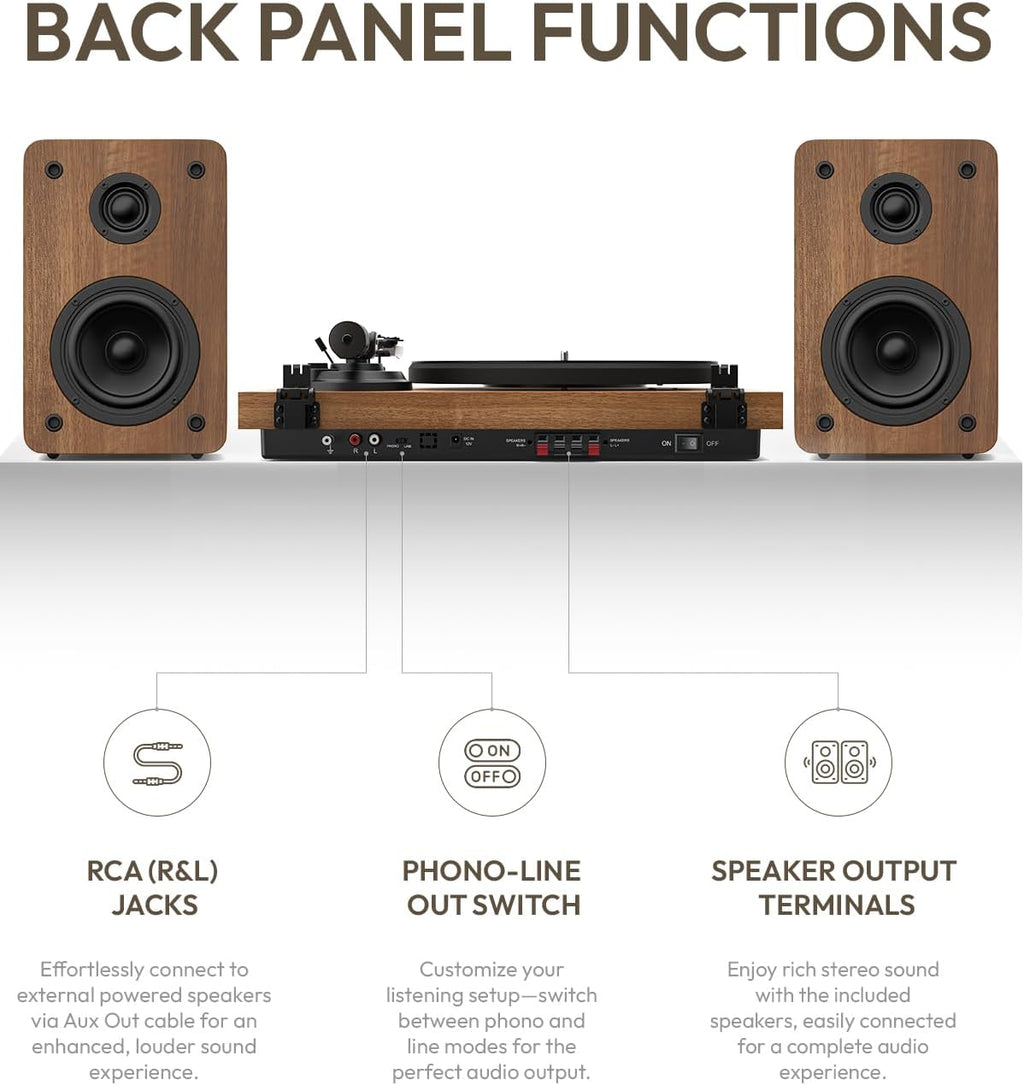 SoulBox S1 Vinyl Record Player with Stereo Speakers  Turntable with Built-in Preamp  S-Shaped Tonearm  33/45 RPM - Walnut