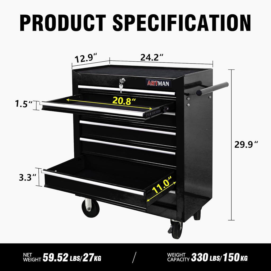 7 Drawers Rolling Tool Cart on Wheels, Multifunctional Organizer Tool Chest Tool Case, Trolley Tool Storage Tool Box for Workshop,Garage,Repair Shop (7 Drawers 24.2" W×12.9" D×29.9" H-Black)