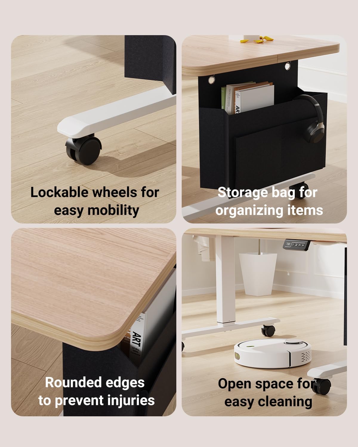 Coffee Table, Height Adjustable Electric Coffee Table with Storage Bag Lift Tabletop Dining Table Office Table with Lockable Wheels for Living Room (Natural Maple Look, 40 x 24 Inches)