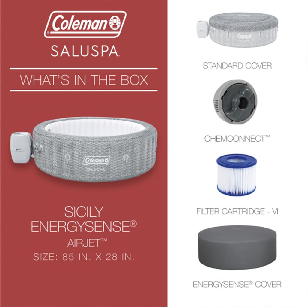 Coleman Sicily AirJet Large Round 5 to 7 Person Inflatable Hot Tub Portable Outdoor Spa with 180 AirJets and EnergySense Cover  Grey