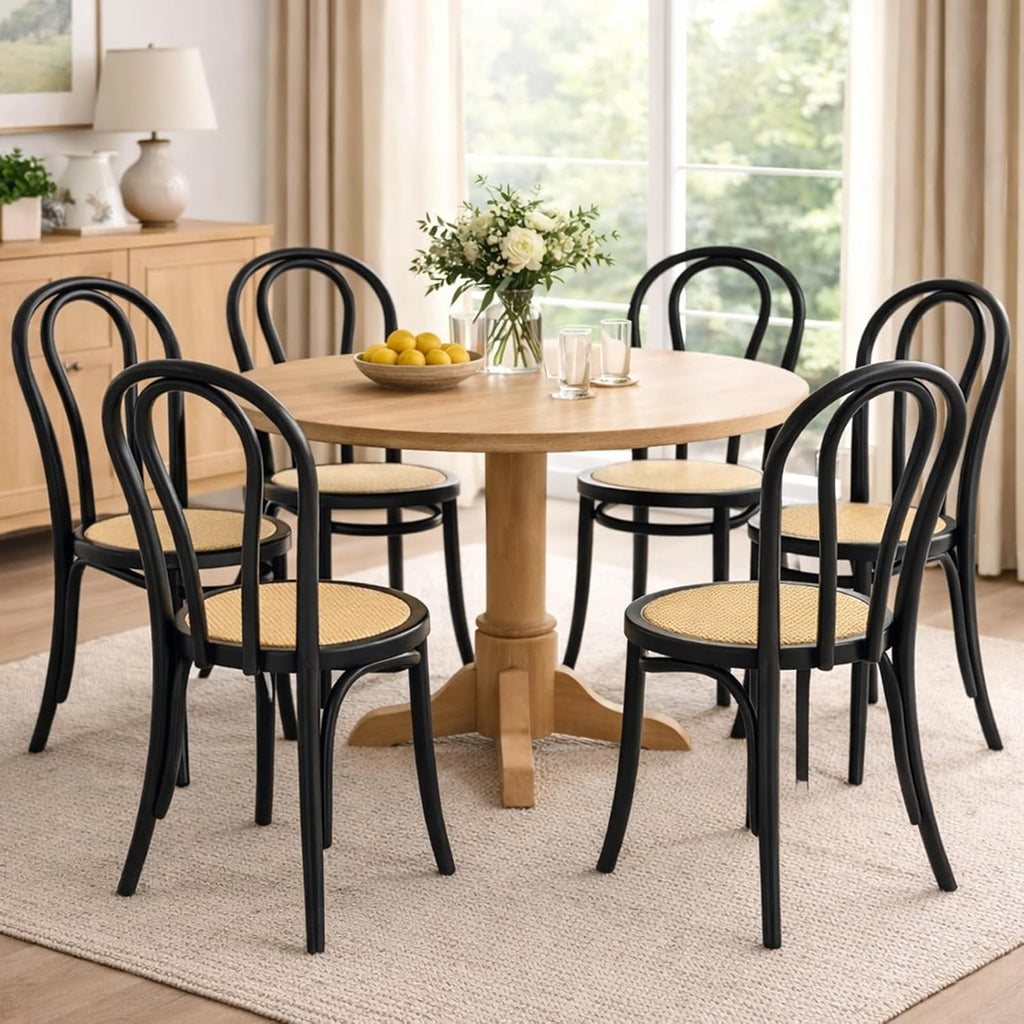 Solid Wood Dining Chairs Set of 2 Mid-Century Modern Rattan Kitchen Room Chairs with Backrest Bentwood Side/Desk Chairs for Dining/Living Room,Home, Black Wood