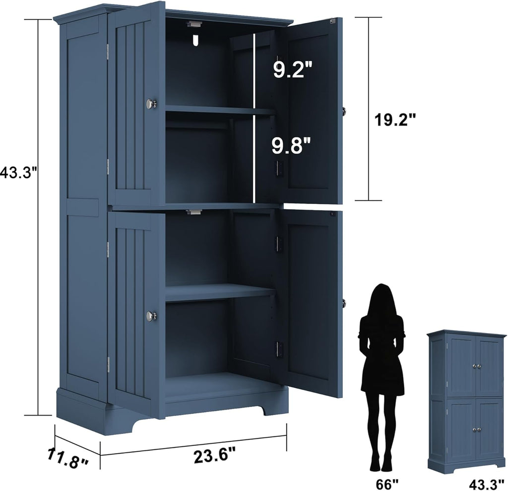 ChooChoo Bathroom Floor Cabinet, Modern Bathroom Storage Cabinet with 4 Doors and Adjustable Shelves, Freestanding Cupboard for Living Room, Blue