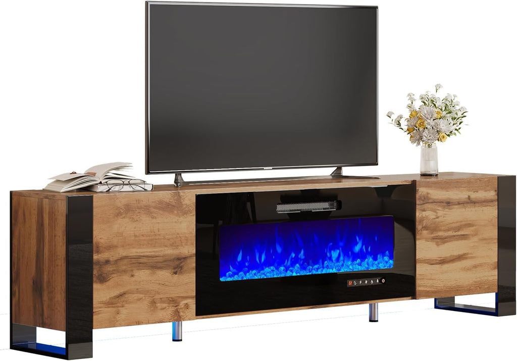 AMERLIFE Fireplace TV Stand with 36" Fireplace, 70" Modern Entertainment Center with High Gloss Doors & LED Lights, U-Shaped Legs TV Console Cabinet for TVs Up to 80", Rustic Oak
