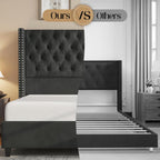 Jocisland Queen Size Bed Frame with 51.6” Wingback Tufted Velvet Headboard, Modern Upholstered Platform Bed, No Box Spring Needed, Easy Assembly, Black