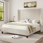 HOWE King Size 61" Corduroy Upholstered Bed Frame, Platform Bed with Vertical Stripe Wingback Headboard, No Box Spring Needed/Noise Free/Solid Wood Slats/Cream
