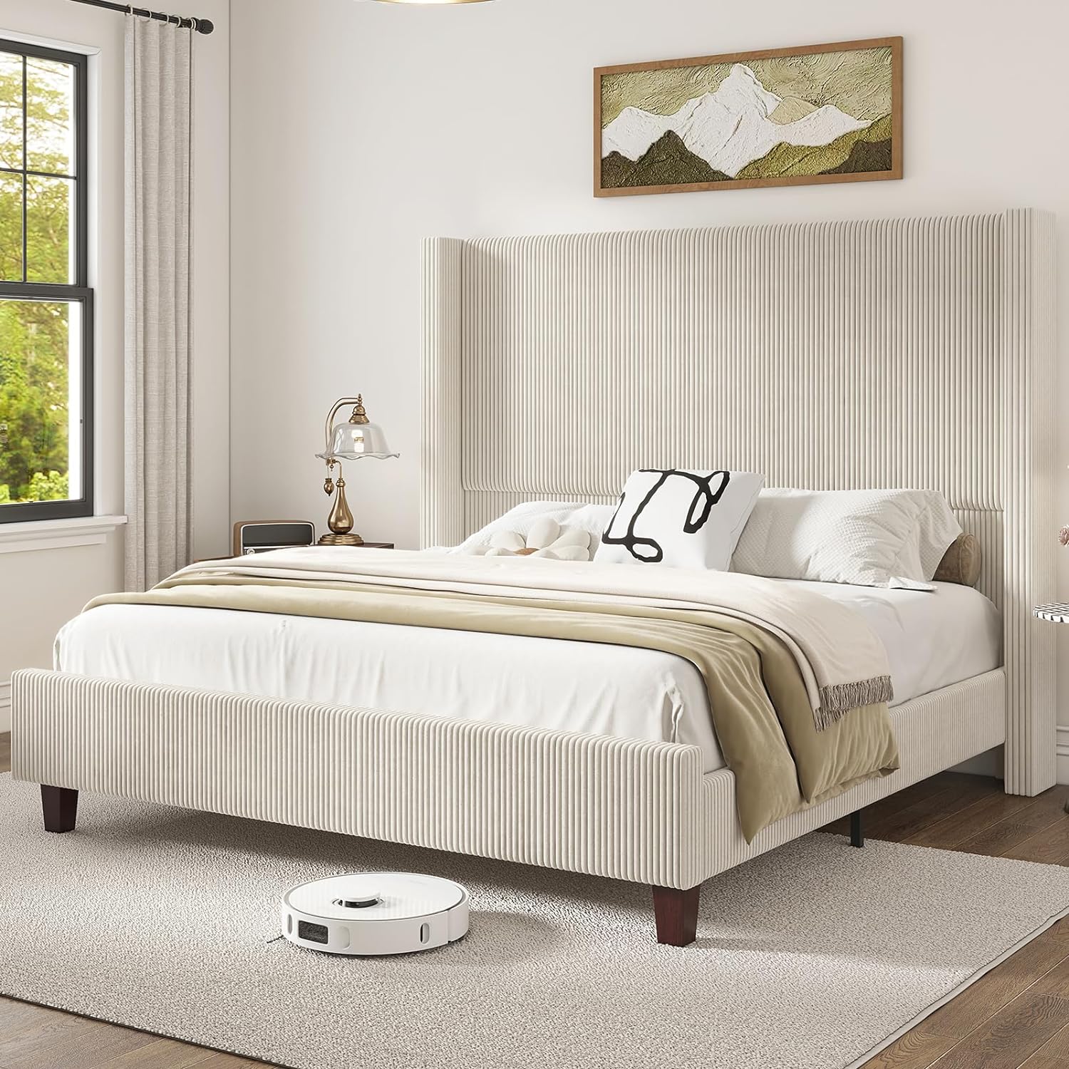 HOWE King Size 61" Corduroy Upholstered Bed Frame, Platform Bed with Vertical Stripe Wingback Headboard, No Box Spring Needed/Noise Free/Solid Wood Slats/Cream