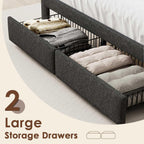 LED King Size Bed Frame with 2 Storage Drawers, Upholstered King Bed Frame with Headboard and Charging Station, No Box Spring Needed, Easy to Assembly-Dark Grey