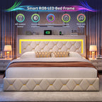 King Size Bed Frame with 4 Storage Drawers & LED Lights, Velvet Bed Frame with Charging Station, Wooden Slats, No Box Spring Needed, Beige