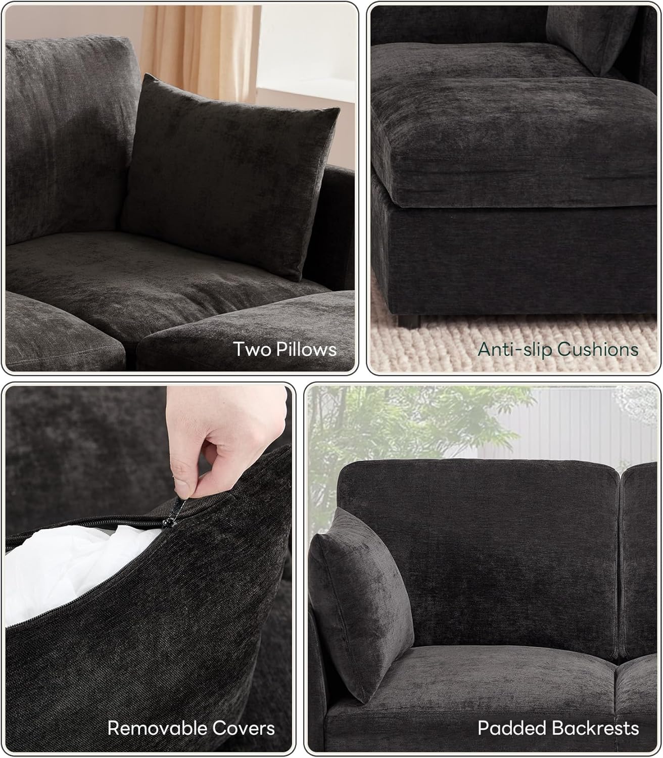 Sectional Cloud Couch for Living Room, Spring Cushion Seating, L Shaped Convertible Modular Sofa with Ottoman, Black | Movable, Balanced Comfort, Soft-Strong Chenille, Apartment-Friendly