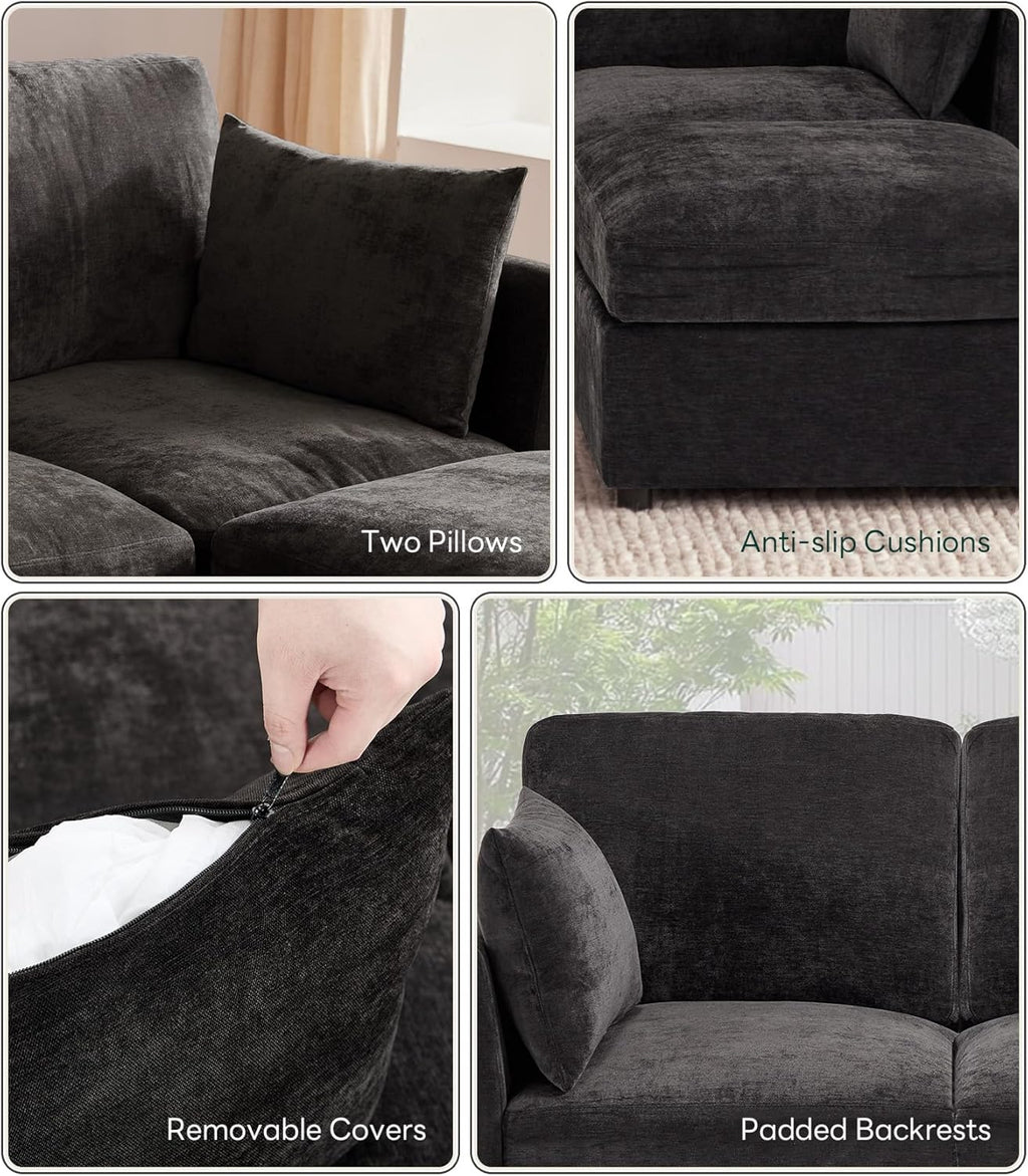 Sectional Cloud Couch for Living Room, Spring Cushion Seating, L Shaped Convertible Modular Sofa with Ottoman, Black | Movable, Balanced Comfort, Soft-Strong Chenille, Apartment-Friendly
