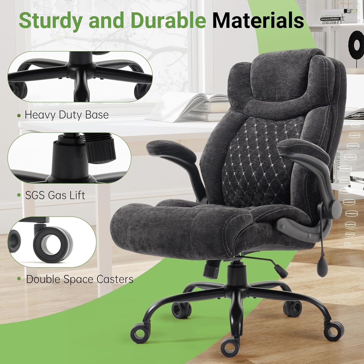 Office Chair, Big and Tall Executive Chairs with Lumbar Support for Back Pain, Breathable Fabric Desk Computer Chair with Adjustable Flip-up Armrests,Wide Cushion Swivel Home Office Chair Black,Black