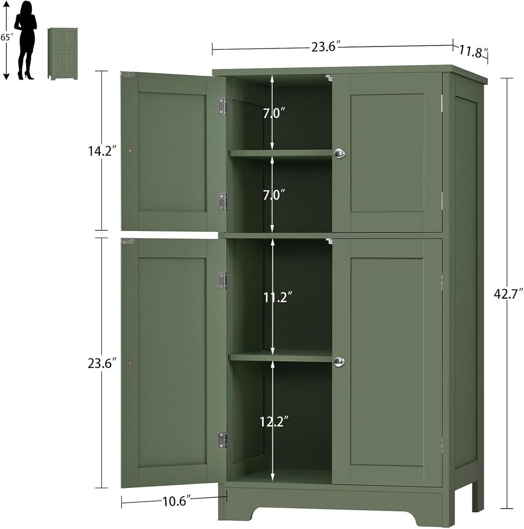 TEENFON Bathroom Storage Cabinet, Bathroom Cabinet with 4 Doors & 2 Adjustable Shelves, Cupboard, Cabinets for Living Room, Entryway, Office, Forest Green